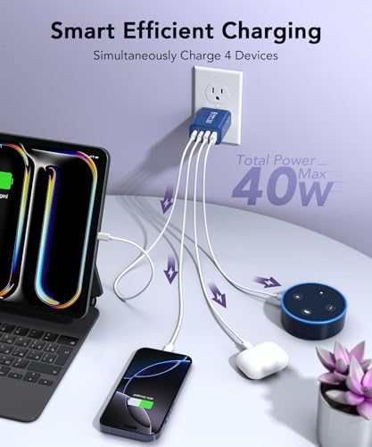 40 W USB C Multi-Device Fast Charger – 4-Port Power Adapter for i Phone & Samsung – Sleek Black Compact Travel Charger with Dual PD & QC Technology for Efficient Home and On-the-Go Charging Solutions – Perfect for Busy Professionals and Families