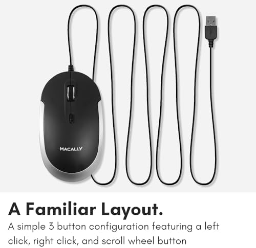 Sleek Silent Wired Computer Mouse for Mac & PC – Macally Ergonomic USB Optical Mouse with Adjustable DPI for Ultimate Precision – Compact, Lightweight Design Ideal for Office & Travel – Noise-Free Clicks for Distraction-Free Work Sessions