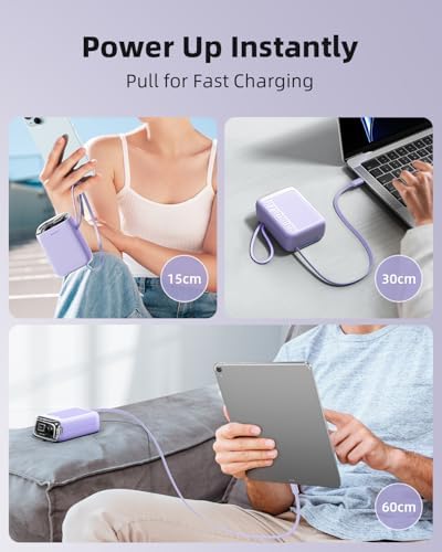 Compact 30 W Retractable USB-C Power Bank with Fast Charging – Sleek Dual Charging Battery Pack for i Phone 15, Android Devices & Laptops – Integrated 60 cm Cable & LCD Display for Ultimate On-the-Go Power Solutions
