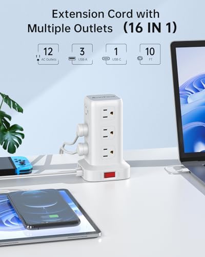Ultimate Surge Protector Power Strip Tower with 10 FT Cord and 4 USB Ports (1 USB C) – 12 AC Outlets for Home Office and Dorm Room – Space-Saving Design with Enhanced Protection for Your Electronics and Fast Charging Solutions