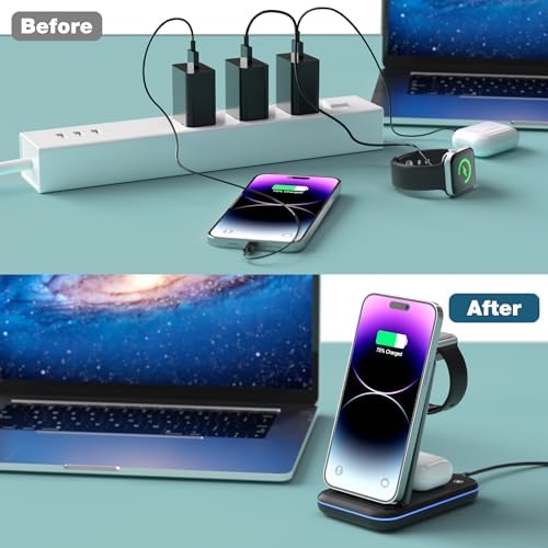 Ultimate 3-in-1 Wireless Charging Station for i Phone, Apple Watch, and Air Pods – Fast Charge with Ergonomic Design, Enhanced Compatibility, and Safety Features for Home, Office, and Travel Use