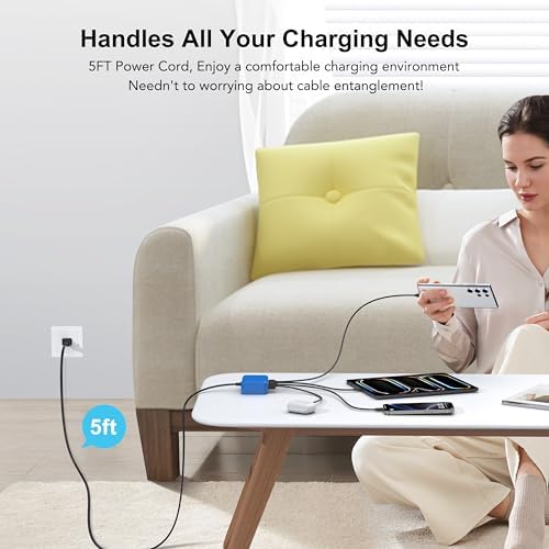BREEKET 100 W USB C Fast Charger Hub – 6-Port Ga N Charging Station with 3 USB-A & 3 USB-C Connections – High-Speed Wall Adapter for i Phone 15/14/13/12/11 Pro Max, i Pad, Google Pixel & Samsung Galaxy Devices – Compact, Safe & Stylish Power Solution