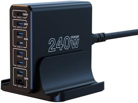 URVNS 240 W USB-C Multiport Charger: Compact 8-Port Fast Charging Station with Ga N Technology for Laptops, i Phones, and More – Universal Compatibility and Enhanced Power Delivery for On-the-Go Users