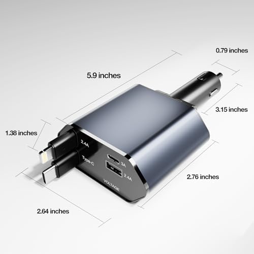 Versatile 4-in-1 Retractable Car Charger – 60 W Fast Charging with Dual USB Ports, Tangle-Free Cables, and Voltage Display for i Phone 16/15/14/13/12/11 & Android Devices – Compact Multi-Device Solution for On-the-Go Power