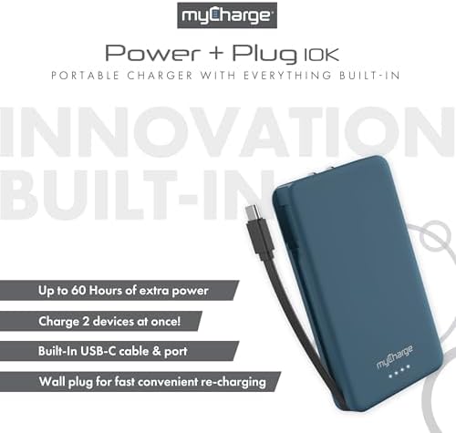 Ultra-Fast my Charge Power+Plug 20,000 m Ah Portable Power Bank with Built-in Charging Cable, USB-C Port, and Foldable Wall Plug – Ideal Travel Companion for Apple & Android Devices with 120 Hours of Reliable Power