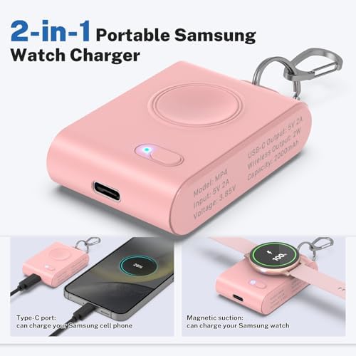 Portable 2-in-1 Watch Charger for Galaxy Watch 7 Ultra – 2000 m Ah High-Capacity Samsung Charger with Keychain for Galaxy Watch Series & Gear S3 – Fast Charging & Enhanced Portability for On-the-Go Power Solutions