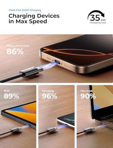 Optimize your charging setup with the AINOPE 240 W USB C to USB C Cable, a 6-foot powerhouse engineered for ultimate speed and flexibility. Featuring a right-angle connector, this fast charging cable is perfect for gaming or multitasking without the clutter of tangled cords. Compatible with the latest devices, including i Phone 16 Pro Max, i Phone 15, Mac Book Air/Pro, i Pad Pro, Samsung Galaxy, and Pixel, it delivers an impressive 240 W power output for rapid charging. The dual-pack offers exceptional value, ensuring you have a reliable charging solution wherever you go. Built with premium materials for durability, the sleek grey and blue design enhances your tech aesthetic while providing long-lasting performance. Elevate your device charging experience with this versatile cable, designed for both home and office use, while ensuring seamless connectivity across all your electronics.