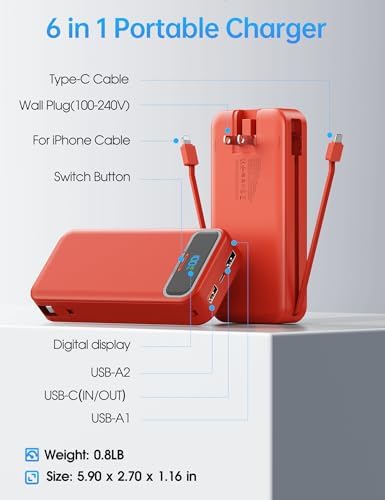 Ultra-Compact 12000 m Ah Power Bank with Built-in Charging Cables & AC Plug – 20 W PD Fast Charging for i Phone, Samsung, Android, USB-C Devices – Travel-Friendly External Battery Pack in Purple – Unmatched Portability and Efficiency for On-the-Go Charging Solutions