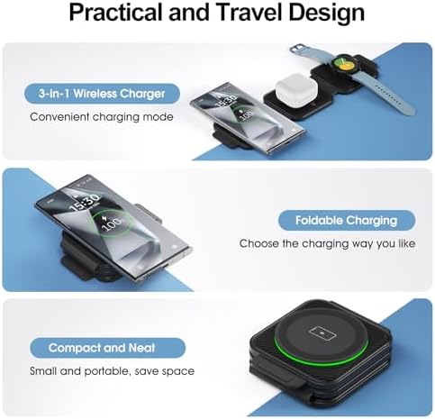 Ultimate 3-in-1 Wireless Travel Charger for Samsung Devices – Foldable Galaxy Watch Ultra/7/6/5 Pro/Active 2 Charging Pad with Mag-Safe for S25/S24/S23/S22 (+/Ultra) and Buds3 Pro – Enhanced Speed, Compatibility, and Safety Features – Ideal for On-the-Go Power Solutions