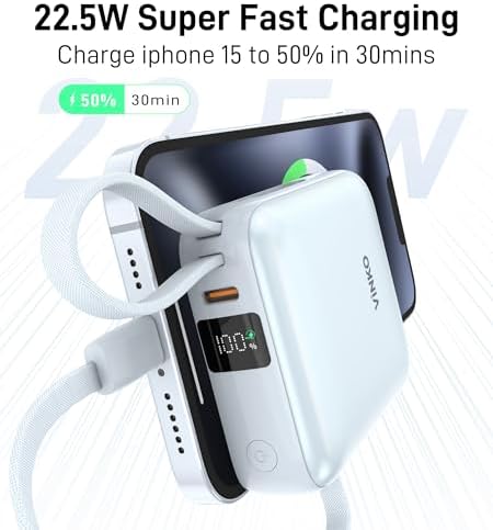 Ultra-Fast 22.5 W Mini Power Bank: 10,000 m Ah Portable Charger with Built-in Cables & LED Display | Charge 3 Devices Quickly | Sleek Design for Travel | Ideal for i Phone, Samsung, Android | Durable & Safe Power Supply for Everyday Use