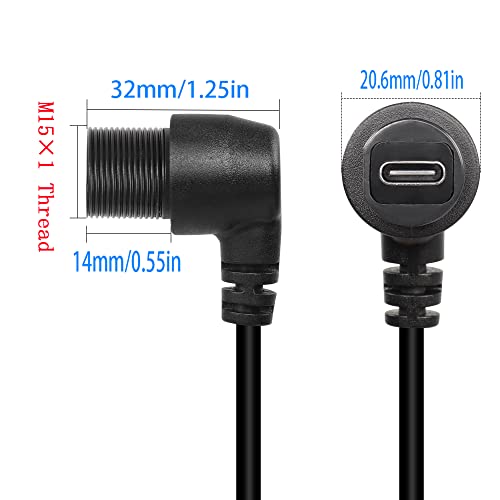 QIANRENON 90 Degree Right Angle USB C 3.1 Extension Cable – 10 Gbps Waterproof Panel Mount Solution, 30 cm Length for Streamlined Connectivity in Compact Spaces – Ideal for Vehicles and Workstations