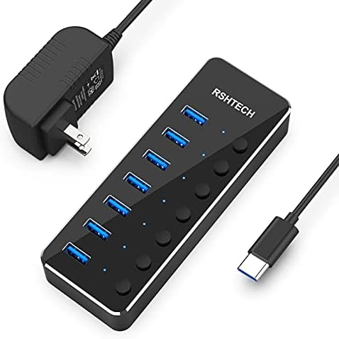 Elevate Your Connectivity with the RSHTECH 4 Port USB C to USB 3.0 Hub Expander – Sleek Aluminum Powered Splitter with 5 V AC Adapter & Individual On/Off Control for High-Speed Data Transfer (RSH-516-C) – Perfect for Professionals & Multitaskers