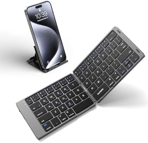 Samsers Portable Foldable Bluetooth Keyboard with Phone Holder – Rechargeable Multi-Device Compatible Wireless Keyboard for i Pad, i Phone, Mac Book, Android & Windows – Ideal Travel Companion for Efficient Typing