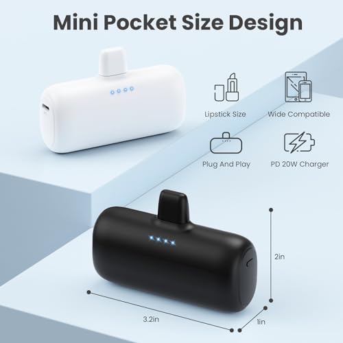 Ultra-Compact 2-Pack i Phone Power Bank – 5200 m Ah PD Fast Charging Mini Portable Charger for Travel – Cordless, Lightweight Battery Pack Compatible with i Phone 14/14 Pro/13/12/11/X/8/7/6 Plus – Essential Charging Solution for On-the-Go Lifestyles