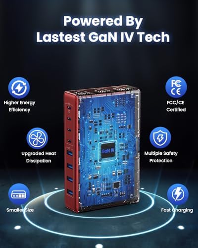 200 W Ga N IV USB-C Charging Hub: 8-Port Fast Charging Station with PD 65 W for Laptops, i Phones, i Pads, and Steam Deck – Compact & Efficient Power Adapter in Striking Red for Ultimate Device Versatility