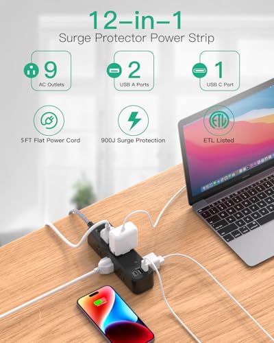 10 ft Power Strip with Surge Protection – 9 Outlets and 3 USB Ports for Fast Charging – Versatile Extension Cord for Home, Office, and Dorm Room – Safe and Efficient Multi-Device Management – Durable and Compact Design for Everyday Use