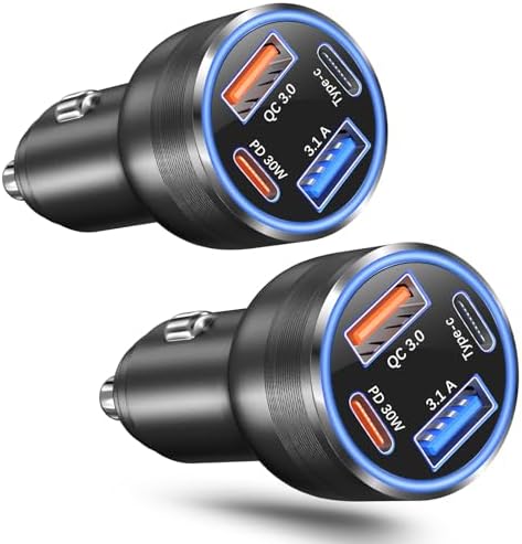 OKRAY 2-Pack 65 W USB C Car Charger Adapter: Fast Charge Multiple Devices with 4-Port PD30 W & QC3.0 Technology – Compatible with i Phone 16/15/14/13 Pro Max, Galaxy S25/S24/A35, Pixel 9, and More – Essential Road Trip Accessory for Rapid, Safe Charging
