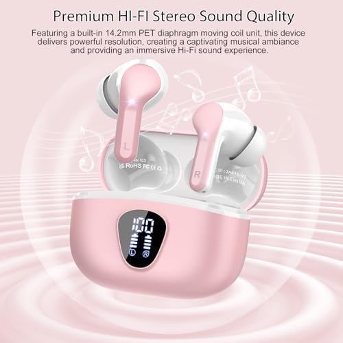 Elevate Your Sound Experience with Premium Wireless Earbuds – Advanced Bluetooth 5.4, Hi-Fi Stereo Audio, and ENC Noise Cancellation for Crystal-Clear Calls, IP7 Waterproof Design for Active Lifestyles, 48-Hour Playtime with LED Battery Display, Chic Rose Gold Finish for Everyday Elegance in Sports and Leisure