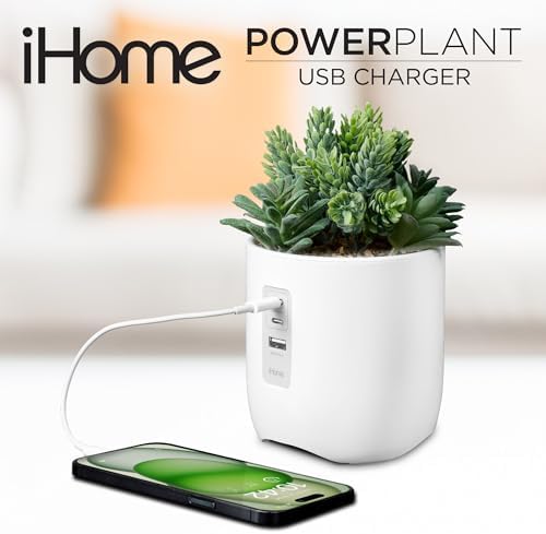 Sleek i Home Power Plant USB Charging Station with Faux Succulent – Modern White Design for i Phone, Android, and More – Eco-Friendly Multi-Device Charging Hub for Stylish Home and Office Decor