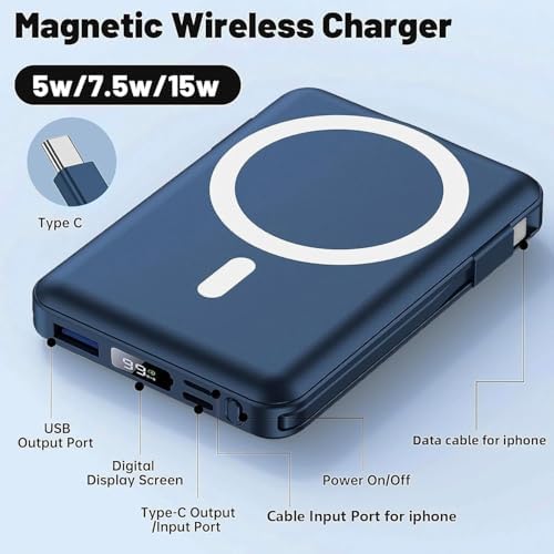 Azmuth Mag Safe 10,000 m Ah Magnetic Power Bank – Rapid 22.5 W PD Charging with LED Display, Portable Wireless Charger for i Phone 12-16, Pro, Pro Max – Integrated Stand for Effortless Use, Ultimate Compatibility, and Efficiency