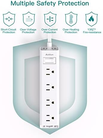 Ultra-Thin Flat Plug Power Strip with 12 AC Outlets – Addtam 5-Ft Surge Protector for Desk and Wall Mount – Multi-Device Charging Station for Home and Office – 1050 Joules Protection, Space-Saving Design for Tidy Workspaces and Enhanced Connectivity