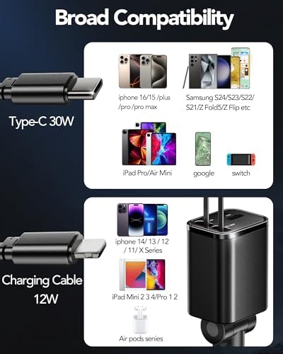 2025 Ultra-Compact 4-in-1 Retractable Car Charger – 69 W Fast Charging Adapter for i Phone 16, Galaxy and More – Innovative Space-Saving Design with Multiple Ports for Simultaneous Device Powering – Essential Car Accessory for Daily Commutes and Road Trips