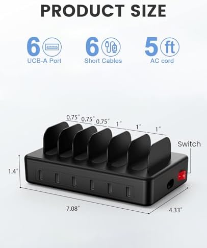 Ultimate 50 W Multi-Device Charging Station with 6 USB Ports & Cables – Space Gray Fast Charging Dock for i Phone, i Pad, Kindle, and More | Efficient Power Hub for Home, Office & Travel – Compact Design with Safety Features