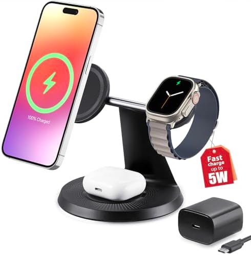Revolutionize Your Charging Routine with Our 3-in-1 Wireless Charging Station for Apple Devices – Fast Mag Safe Charger for i Phone Models 12-16, Apple Watch, and Air Pods – Compact Design with Enhanced Stability, Overcharge Protection, and Effortless Organization