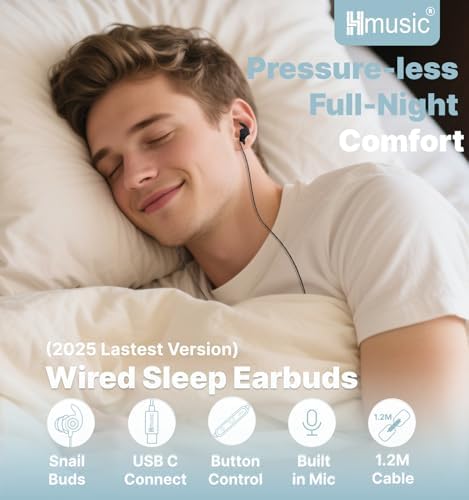Ultra-Lightweight Hmusic Sleep Earbuds – 3.5 mm Wired Headphones with 30 d B Noise Isolation for Uninterrupted Relaxation – Snail Flat Design Perfect for Sleep, Travel, and Meditation – Crafted from Soft Silicone for Ultimate Comfort and Durability – Ideal for Audiobooks and Stress Relief