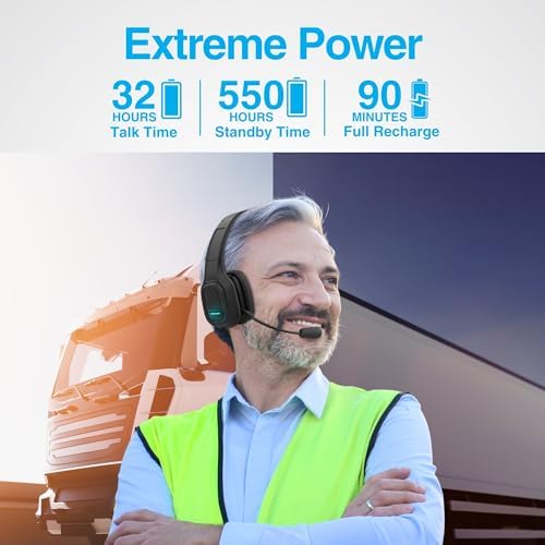 Ultimate Trucker Bluetooth Headset with Advanced Noise-Cancellation – Experience Crystal-Clear Communication and Immersive HD Sound Quality with Custom-Fit Adjustable Headband and Luxurious Memory Foam Ear Cushions – Perfect Wireless Solution for Truck Drivers and On-the-Go Professionals