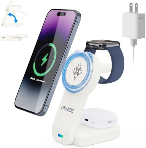 Revolutionize Your Charging Experience with the 2025 Magnetic 3 in 1 Wireless Charger – Sleek Mag-Safe Station for i Phone 16/15/14/13/12, Apple Watch & Air Pods – Fast 18 W Foldable Dock for Ultimate Portability and Efficiency – Stylish White Finish for Modern Aesthetics