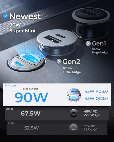 MRGLAS 90 W USB-C Car Charger: Ultra-Fast PD45 W & QC45 W Compatibility with 3.3 ft Type C Cable, Durable All-Metal Design, Flush Fit for Seamless Integration in Vehicles – Ideal for i Phone 16/15, Samsung S25/S24/S23 Ultra, Pixel 8/8 Pro/7 – Power Up on the Go!