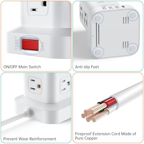 Elevate Your Charging Efficiency with the 12-Outlet Tower Surge Protector Power Strip – 6.5 Feet Extension Cord, 4 USB Ports Including USB-C, Compact Charging Station for Office and Home, Enhanced Surge Protection for Ultimate Device Safety