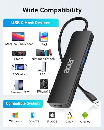 Acer 7-in-1 USB C Hub with 4 K HDMI Splitter – Ultimate Connectivity Solution for Laptops & PCs – Fast 5 Gbps Data Transfer, PD 100 W Charging & SD Card Reader – Transform Your Workspace with Enhanced Performance and Versatility