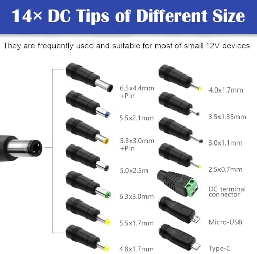 Efficient 12 V 5 A LED Strip Power Supply Adapter – High-Quality AC to DC Converter with 14 Versatile Connection Tips and 5.5 x 2.5 mm Plug (60 W) for Ultimate Lighting Performance and Compatibility Across All Projects