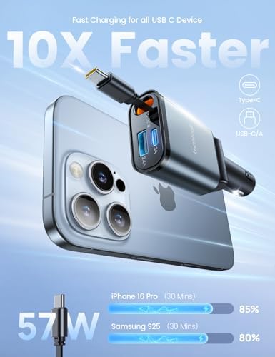 Ultra-Compact Lamicall Retractable Car Charger – 57 W USB-C Fast Charging for i Phone 16, Galaxy S25, Pixel Android | Space-Saving Design with Enhanced Compatibility & Safety Features for Quick On-the-Go Charging
