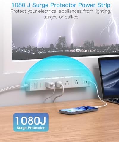 15 ft Heavy-Duty Extension Cord with Surge Protection | 8 AC Outlets & 3 Fast USB Ports | Flat Plug Wall Mount Power Strip for Home & Office | ETL Certified Charging Station for Safe, Efficient Device Management