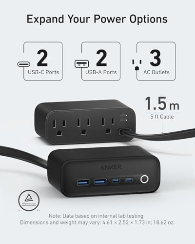 Anker 525 7-in-1 Power Hub – High-Efficiency USB C Charging Station with 65 W Fast Charging, 3 AC Outlets, Dual USB A & C Ports, and 5 ft Extension Cord – Sleek Aurora White Design for Ultimate Device Versatility and Workspace Organization