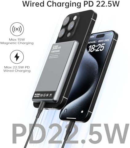 Ultra-Slim 3-in-1 Mag Safe Portable Charger – 5000 m Ah Fast Wireless Power Bank with 15 W Magnetic Charging and 22.5 W USB-C PD for i Phone 16/15/14/13/12, Air Pods, Apple Watch, and Android Devices – Perfect for On-the-Go Power Solutions
