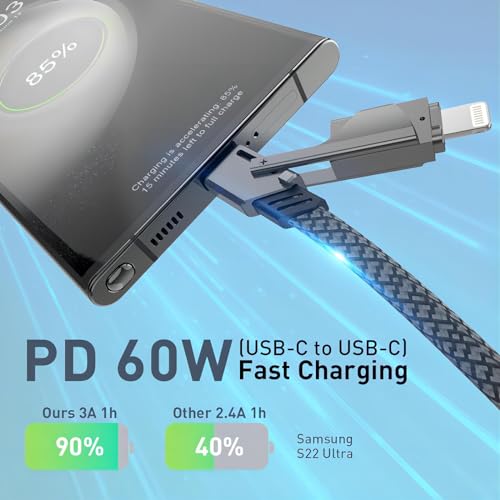 Transform Your Charging Experience with Daffograte’s 4 in 1 Multi Charger USB C Cable – Fast-Paced Power Delivery for i Phone, i Pad, Mac Book, Samsung & More, Durable Nylon Braided Design, Perfect for Travel & Everyday Use, Effortlessly Connect Multiple Devices with Universal Compatibility