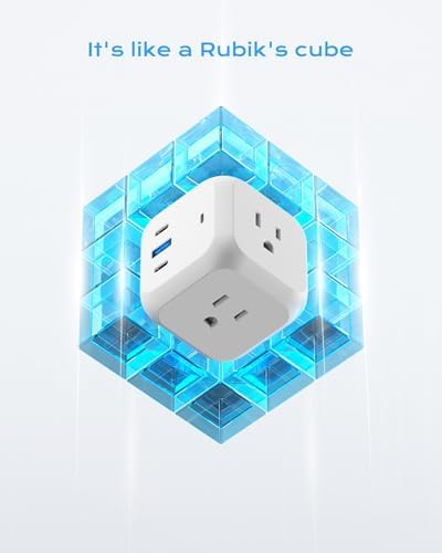 Compact Power Strip Cube with 3 AC Outlets & 3 USB Ports (2 USB-C) – 900 Joules Surge Protection & 5 ft Flat Plug Extension Cord for Home Office & Travel – Versatile Charging Station for Enhanced Device Compatibility & Safety