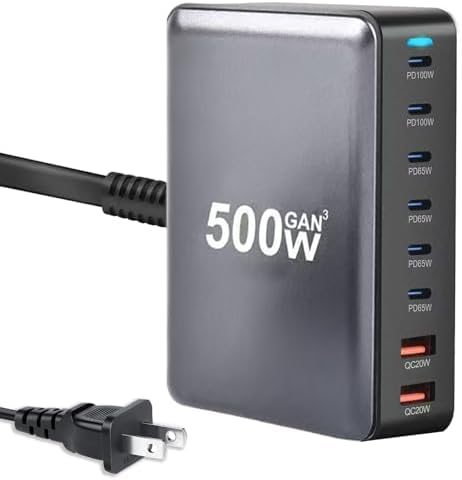 500 W USB-C Fast Charging Hub: 8-Port Power Station for Simultaneous Device Charging, PD PPS 100 W Wall Charger Compatible with Mac Book Pro/Air, i Pad, i Phone 16/15, HP, Dell, Lenovo, Acer – Optimal Speed, Universal Compatibility, and Enhanced Safety Features for All Electronics