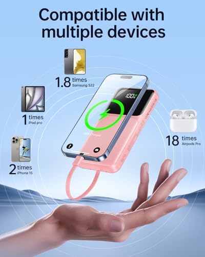 Ultimate 20,000 m Ah Portable Charger with Built-in Cable – Slim 22.5 W Fast Charging Power Bank for i Phone, Samsung, and Android Devices with LED Display, 5 Outputs & 3 Inputs – Essential Travel Companion for Uninterrupted Connectivity