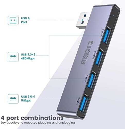 Enhance Your Digital Workspace with Fidioto USB Hub 2 Pack – Versatile 4-Port Adapter for Laptops & Macs, Featuring 1 Ultra-Fast USB 3.0 Port and 3 USB 2.0 Ports for Effortless Device Connectivity and Data Transfer, Ideal for Busy Professionals and Students on the Move