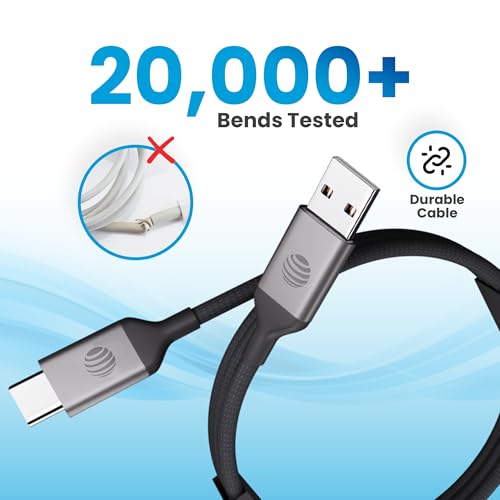AT&T 6 ft Braided USB-C Charging Cable – Durable & Tangle-Free Cord for Fast Data Transfer and Universal Device Compatibility – Ideal for Phones, Tablets, and Laptops – Includes Warranty for Enhanced Reliability – Sleek Black Design