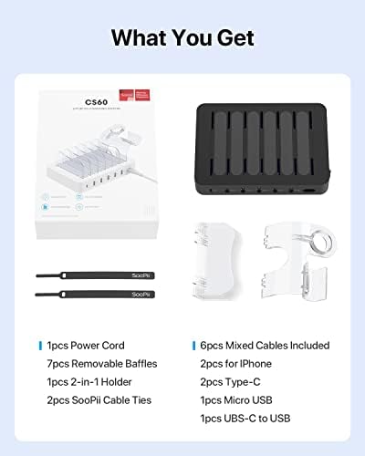 Soo Pii 60 W 6-Port USB-C Charging Station with 20 W Fast Charge – Multi-Device Power Hub for i Phone 14/13/12, Includes 6 Short Cables & 2-in-1 Holder for Organized Charging – Perfect for Home, Office & Travel