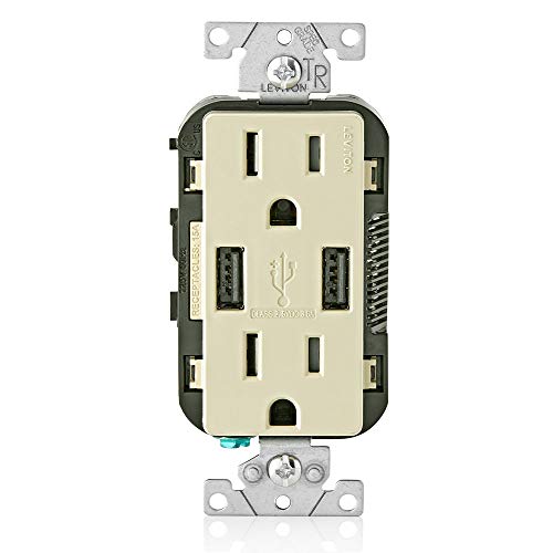 Leviton 60 W Dual USB Type A/Type-C In-Wall Charger – Fast, Efficient Power Delivery Solution for Smartphones, Tablets & Laptops – Tamper-Resistant Outlet in Light Almond for Safe, Clutter-Free Charging Experience – Perfect for Home and Office Use