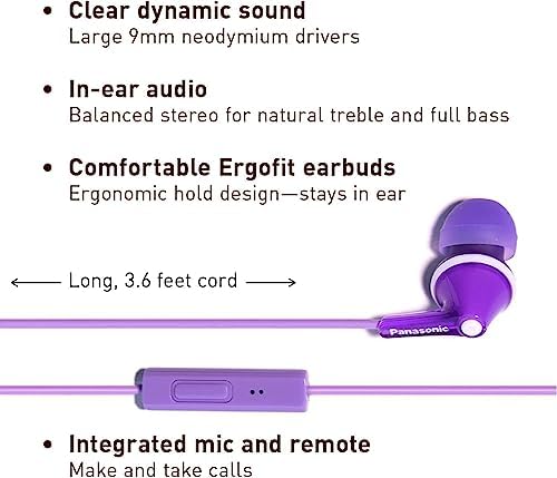 Panasonic Ergo Fit Wired Earbuds with Microphone – Superior Sound Quality with Ergonomic Comfort, Universal 3.5 mm Jack Earphones for Phones and Laptops in Stylish Metallic Purple – Custom-Fit Earpieces (S/M/L) for Optimal Audio Experience and Hands-Free Calls – RP-TCM125-VA