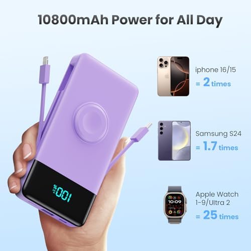 Ultra-Compact 6-in-1 10800 m Ah Power Bank with Built-In Cables & AC Plug – Fast Charging for i Phone, Android, and Apple Watch – LCD Display for Easy Power Monitoring – Lightweight, Travel-Friendly Battery Pack for Multi-Device Charging – Perfect for i Phone 16/15/14 Series, Samsung Galaxy, and More – Enjoy Unmatched Versatility and Convenience on the Go