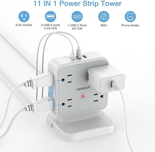 TESSAN Power Strip Tower Surge Protector: 8 AC Outlets & 3 USB Ports (1 USB-C) with 900 Joules Protection, 5 FT Flat Plug Extension Cord – Ultimate Desk Charging Station for Home Office and Dorm Room Efficiency